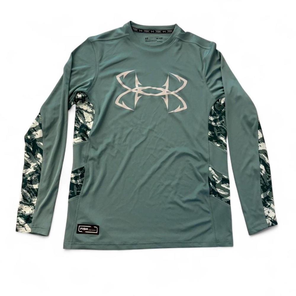 Under Armour Fish HeatGear Long Sleeve Fishing Shirt Green Camo Mens Size M